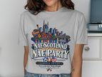 Nashville Music City skyline with "Nae Scotland Nae Party" text and flags.