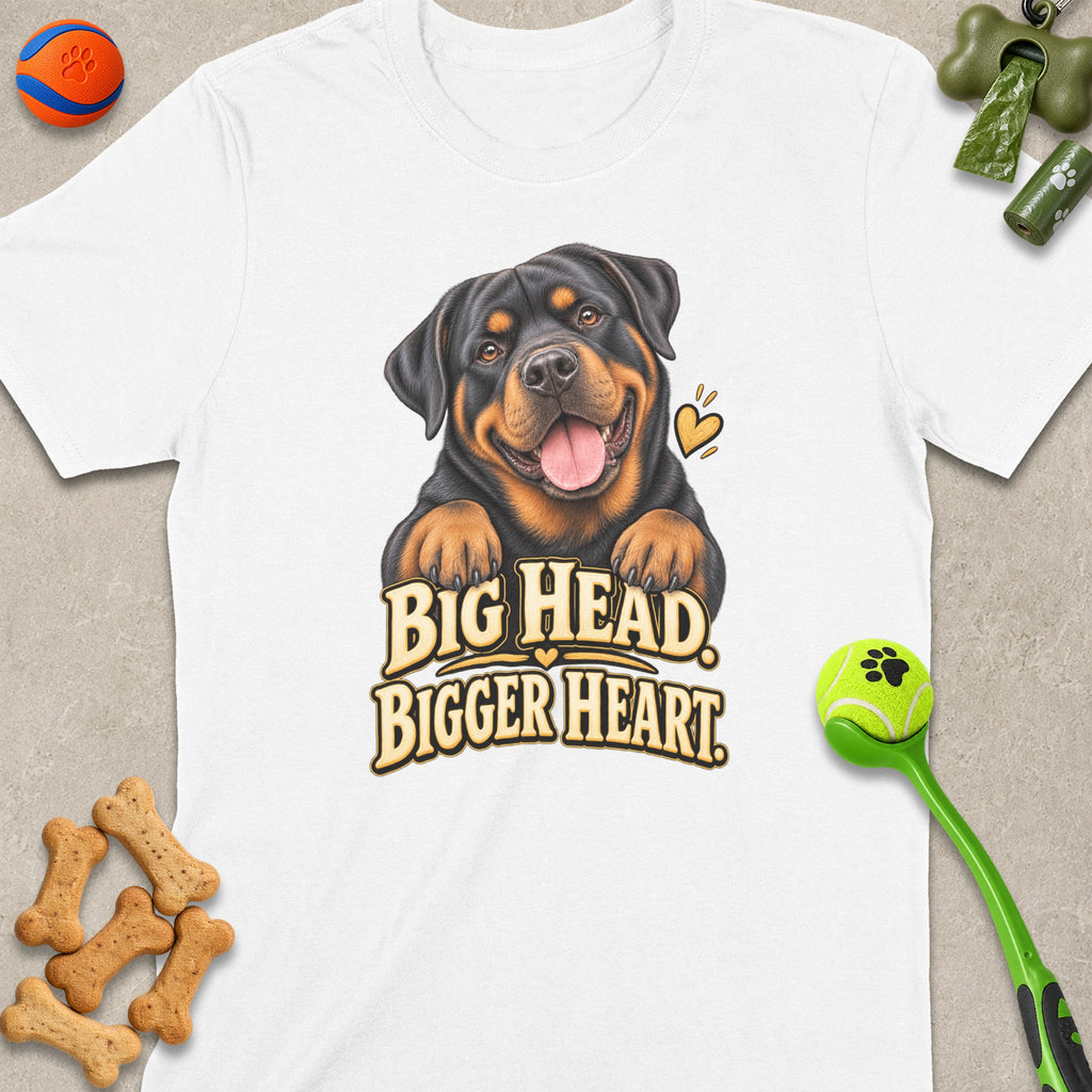 White t-shirt with Rottweiler graphic and text "BIG HEAD. BIGGER HEART."
