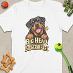 White t-shirt with Rottweiler graphic and text "BIG HEAD. BIGGER HEART."