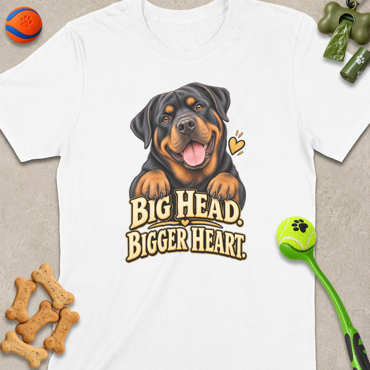 White t-shirt with Rottweiler graphic and text "BIG HEAD. BIGGER HEART."