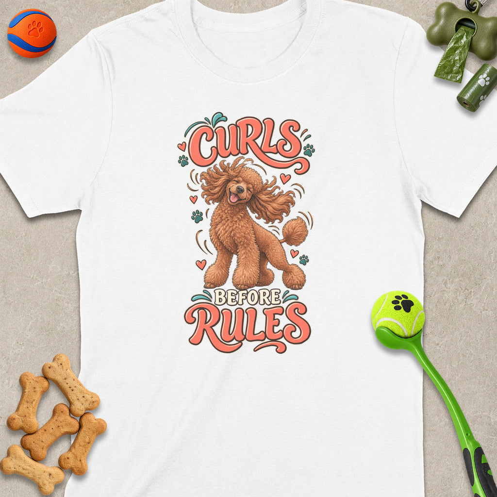 White t-shirt with a cartoon poodle and the text "Curls Before Rules."