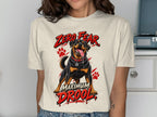 Rottweiler with text "ZERO FEAR MAXIMUM DROOL" and red paw prints.