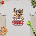German Shepherd with ball on shirt, "Fur Missile On Standby" text.