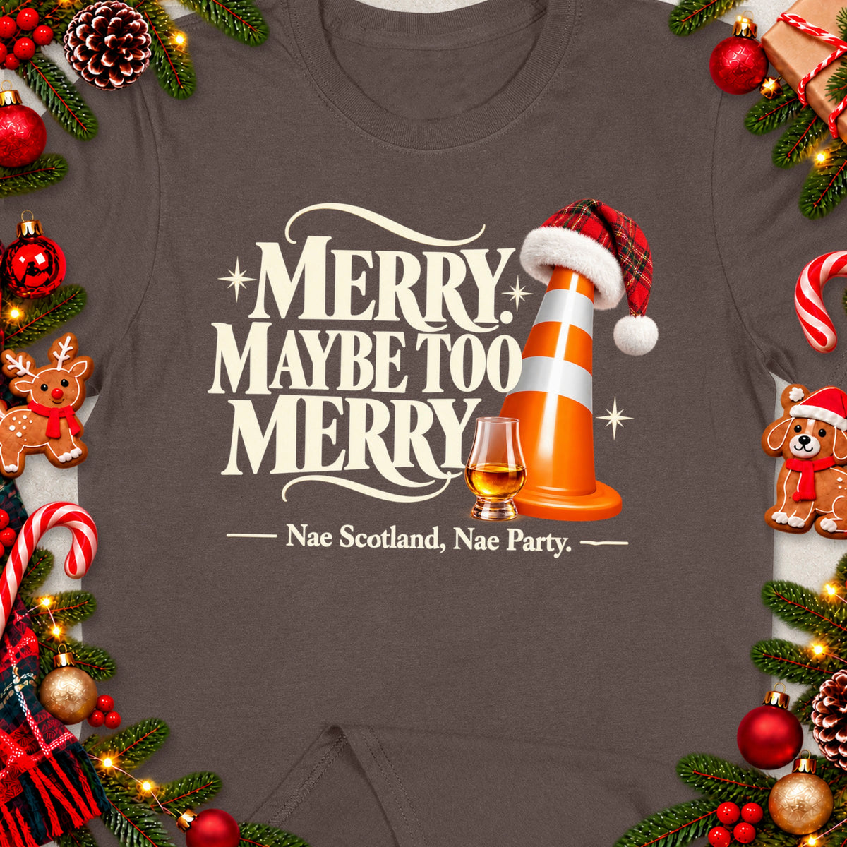 Brown t-shirt with "Merry Maybe Too Merry" text, traffic cone, and whiskey glass.