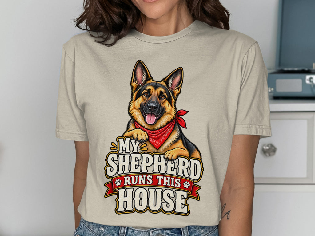 German Shepherd wearing bandana and text "My Shepherd Runs This House".