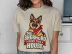 German Shepherd wearing bandana and text "My Shepherd Runs This House".