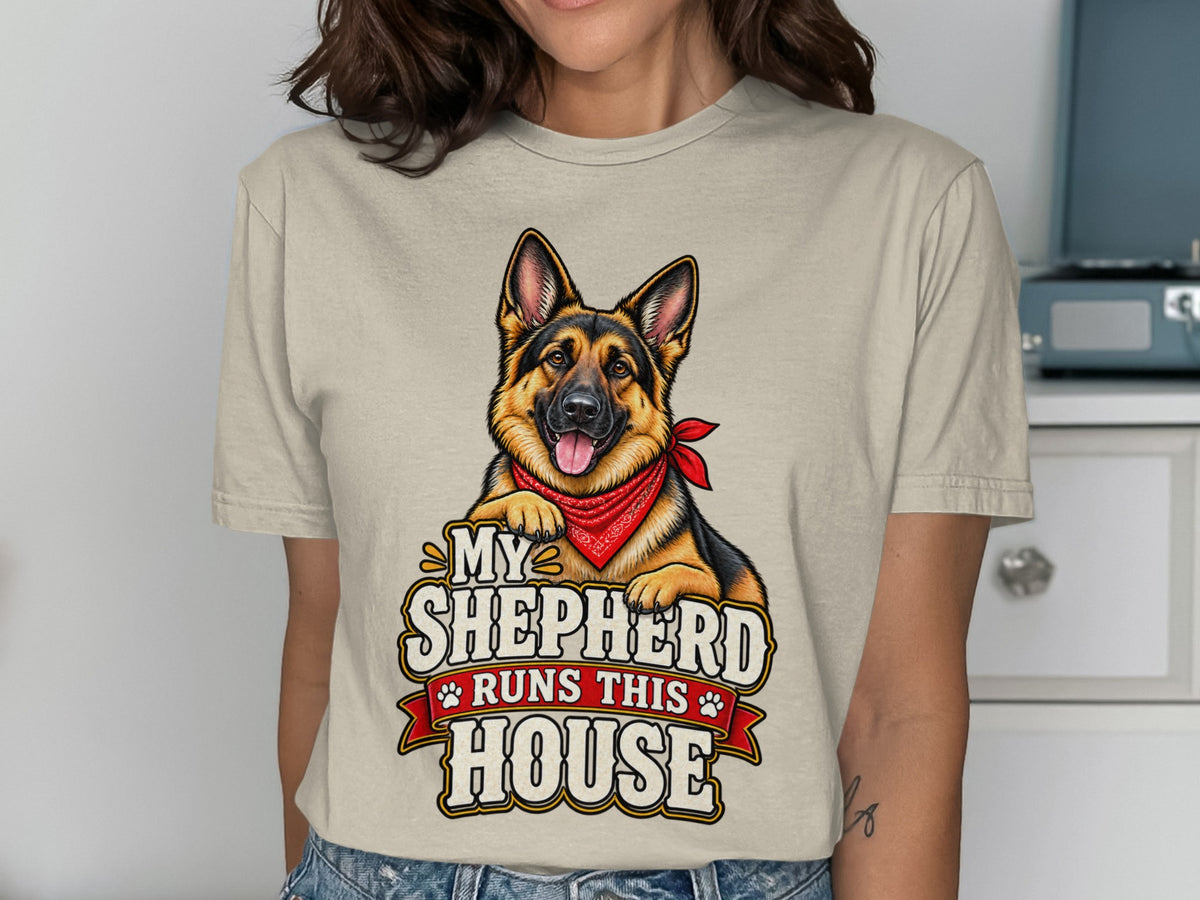 German Shepherd wearing bandana and text "My Shepherd Runs This House".