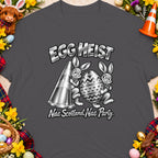 T-shirt with "EGG HEIST Nae Scotland, Nae Party" text and cartoon rabbits stealing an egg.