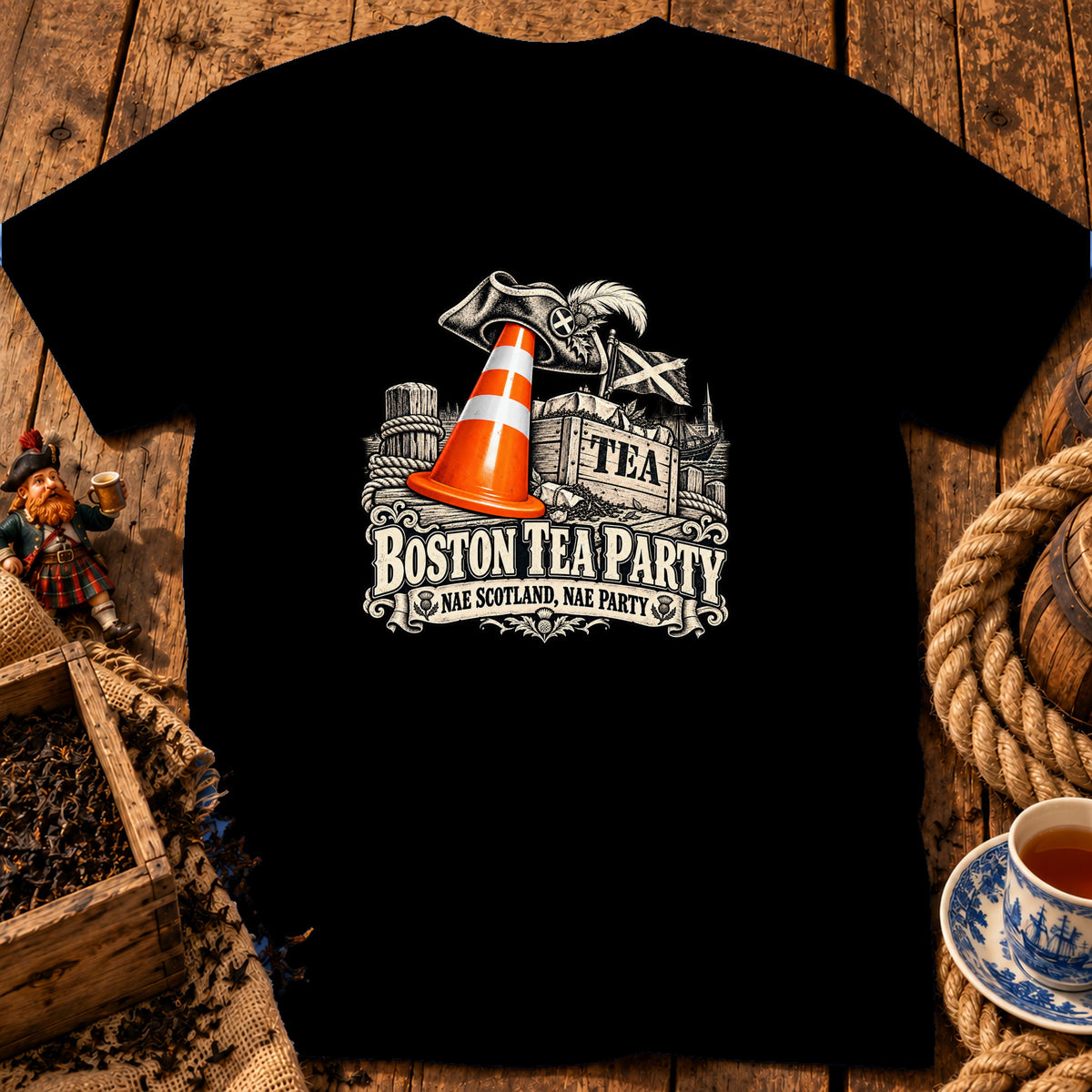 Black t-shirt featuring a Boston Tea Party graphic with a traffic cone and Scottish elements on a wooden surface.