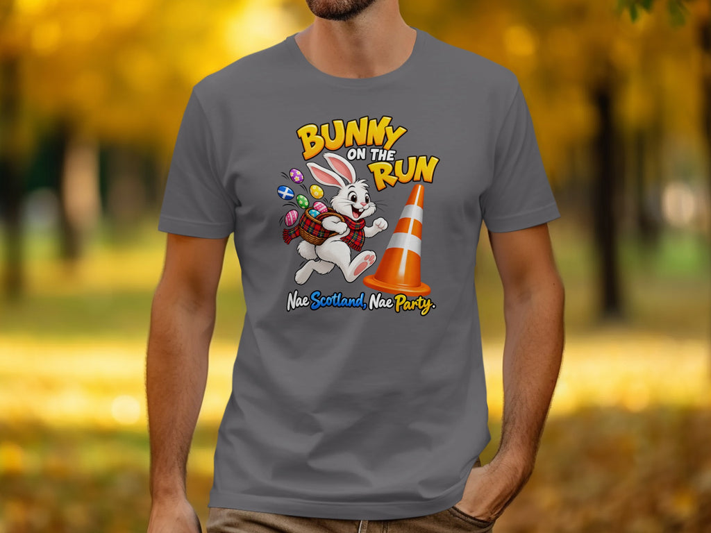 Bunny on the Run graphic with Easter eggs and slogan "Nae Scotland, Nae Party."