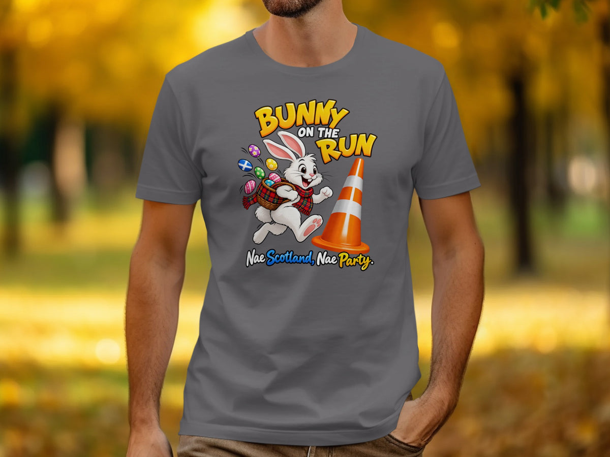 Bunny on the Run graphic with Easter eggs and slogan "Nae Scotland, Nae Party."