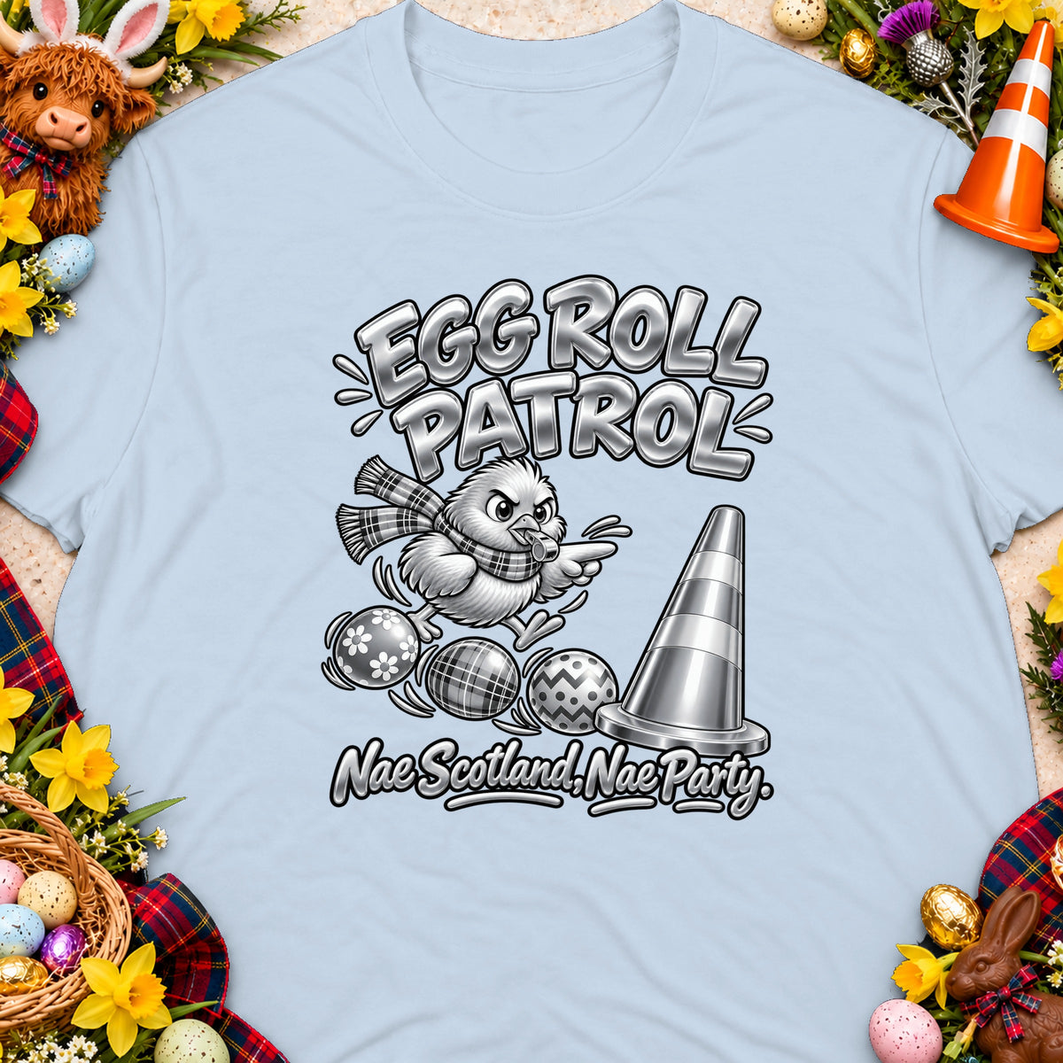 Egg Roll Patrol design with a chick, Easter eggs, a traffic cone, and text.