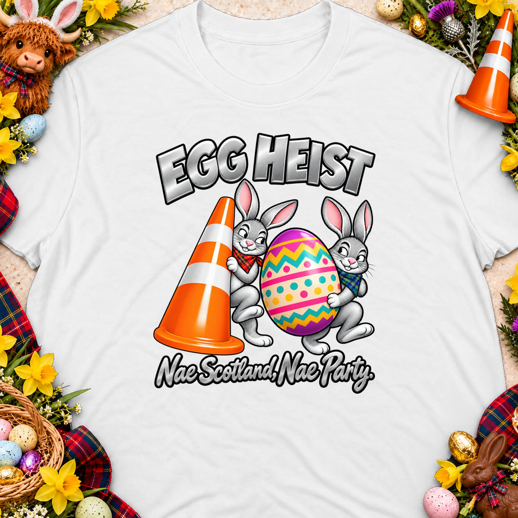 T-shirt with "Egg Heist" text, rabbits, traffic cone, and Easter egg.