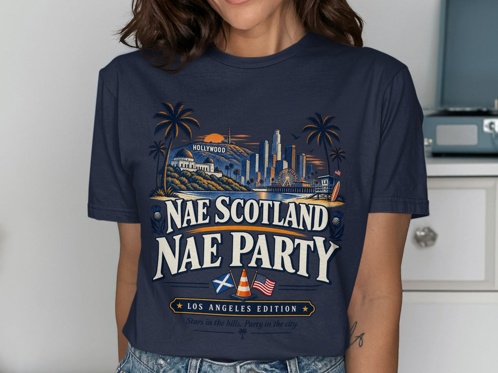 Navy t-shirt with Los Angeles skyline, Hollywood sign, and "Nae Scotland Nae Party" text.