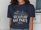 Navy t-shirt with Los Angeles skyline, Hollywood sign, and "Nae Scotland Nae Party" text.