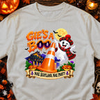 Ghost with Scottish scarf and hat on a t-shirt that says "Gie's a Boo, Nae Scotland, Nae Party".