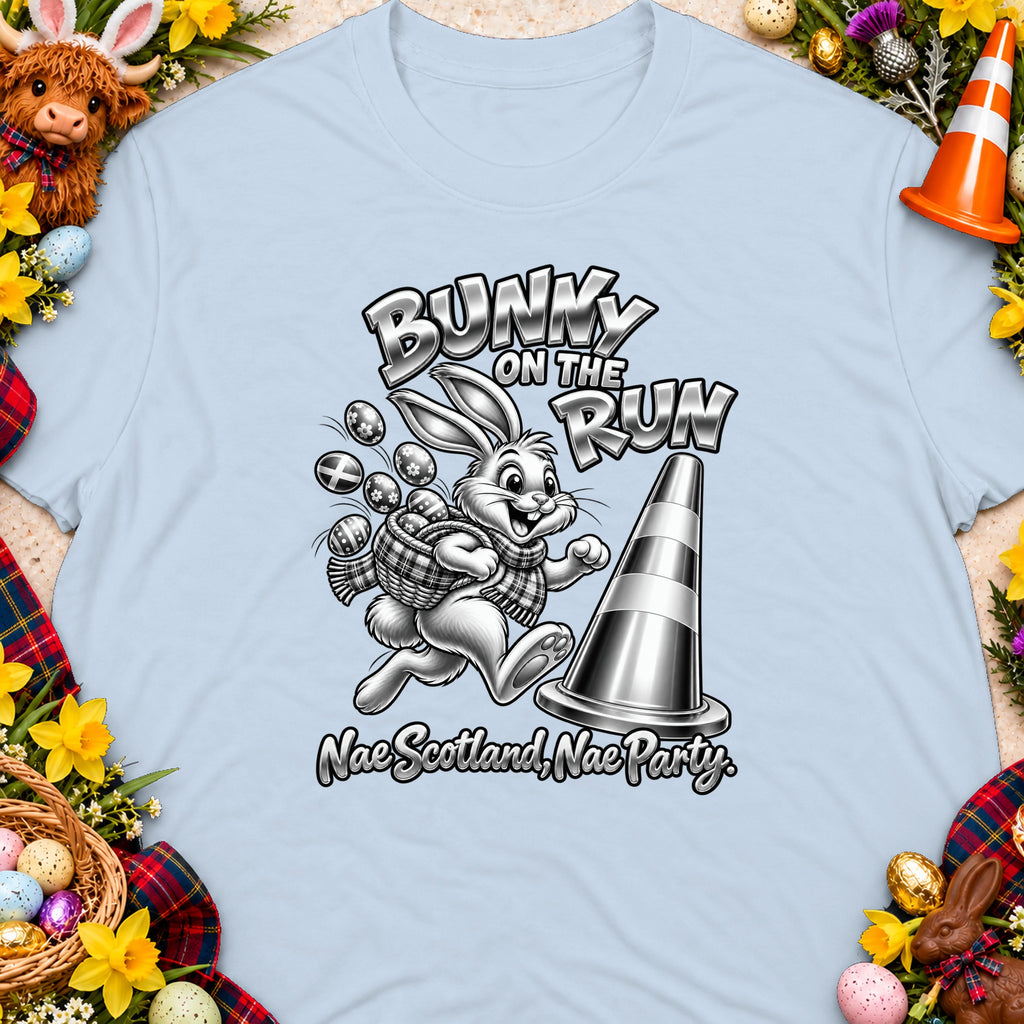 Bunny on the Run graphic with Scottish slogan "Nae Scotland, Nae Party."