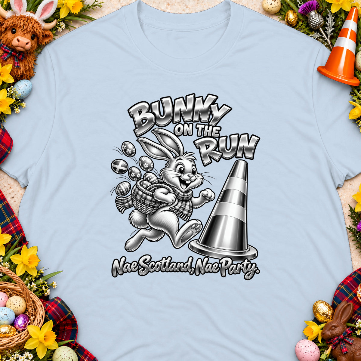 Bunny on the Run graphic with Scottish slogan "Nae Scotland, Nae Party."