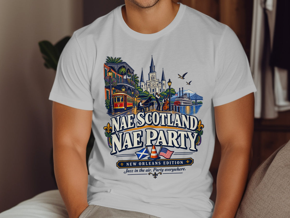 T-shirt design with New Orleans scene, musicians, and "Nae Scotland Nae Party" text.