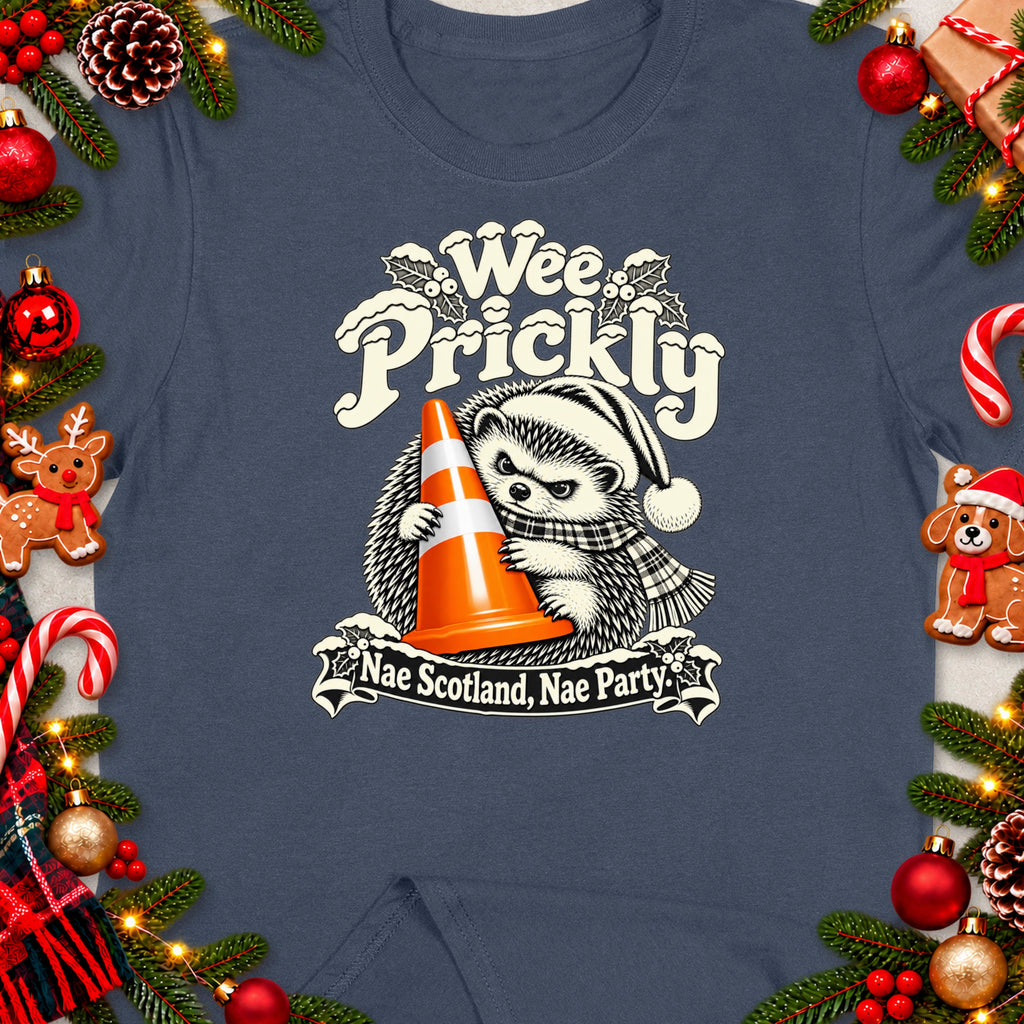 Hedgehog wearing a Santa hat holding a traffic cone, text "Wee Prickly" and "Nae Scotland, Nae Party."