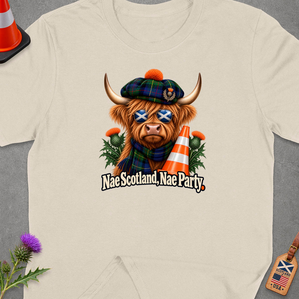 Highland cow wearing tartan hat, sunglasses, and scarf, with "Nae Scotland, Nae Party" text.