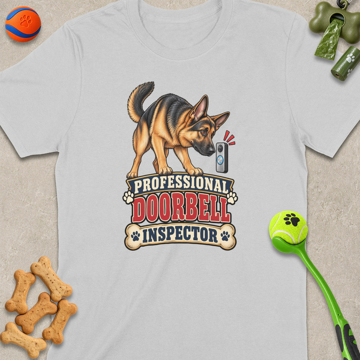 German Shepherd inspecting doorbell with text "Professional Doorbell Inspector".
