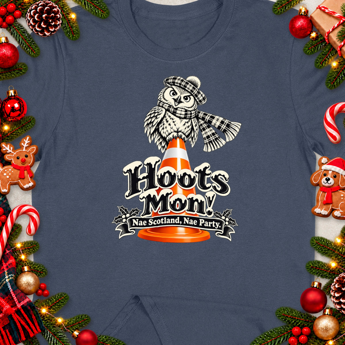 T-shirt with an owl on an orange cone, text "Hoots Mon!" and "Nae Scotland, Nae Party."