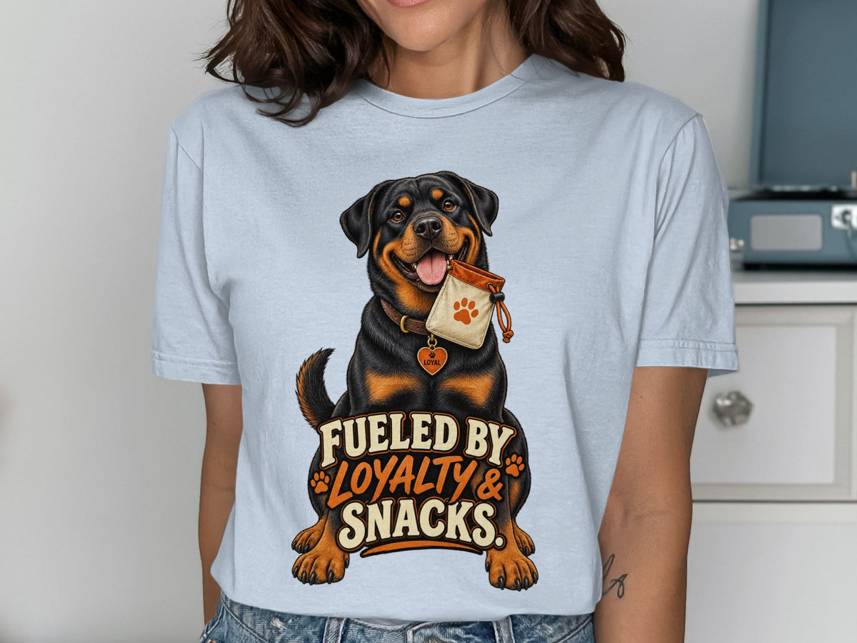 Rottweiler with a treat bag and text "Fueled by Loyalty & Snacks."