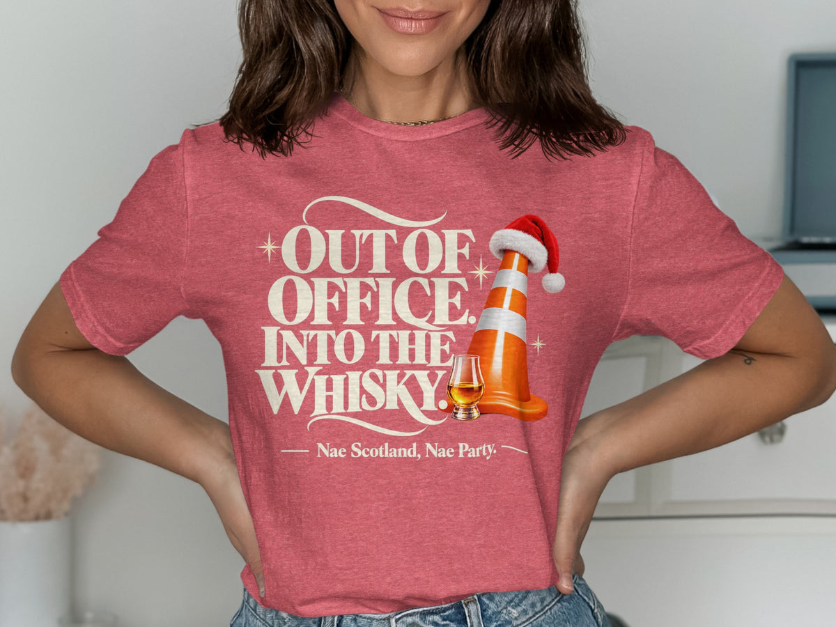 Out of Office, Into the Whisky shirt with traffic cone and whisky glass.