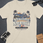 T-shirt with a Los Angeles skyline graphic and "Nae Scotland Nae Party" text.