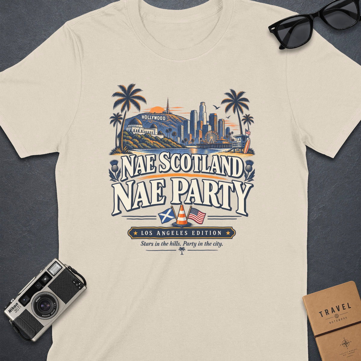 T-shirt with a Los Angeles skyline graphic and "Nae Scotland Nae Party" text.