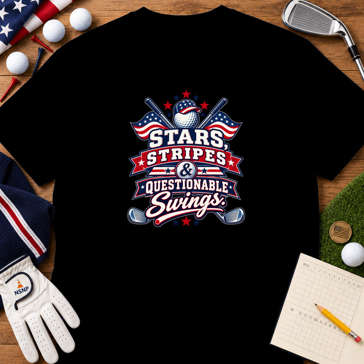 A black t-shirt features a patriotic golf graphic with text that reads Stars, Stripes & Questionable Swings.