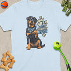 Light blue t-shirt with Rottweiler graphic saying "Not mean, just selectively friendly."