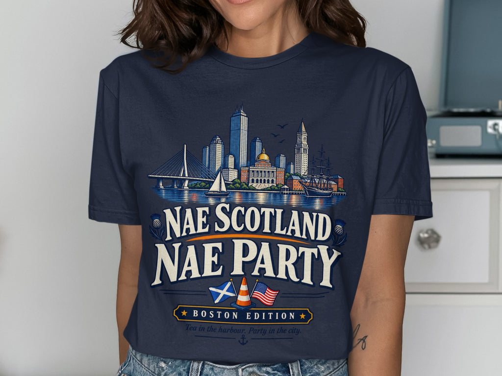 Navy t-shirt with Boston skyline graphic and text "Nae Scotland Nae Party".