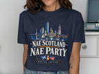 Navy t-shirt with Boston skyline graphic and text "Nae Scotland Nae Party".