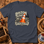 A dark gray t-shirt with a Boston Tea Party design featuring a Scottish flag and traffic cone.