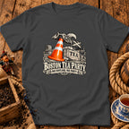 Charcoal gray crewneck t-shirt featuring a graphic that reads Boston Tea Party, Nae Scotland, Nae Party.
