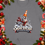 Seal wearing a cone hat and scarf with "Seal-ebrate" text.