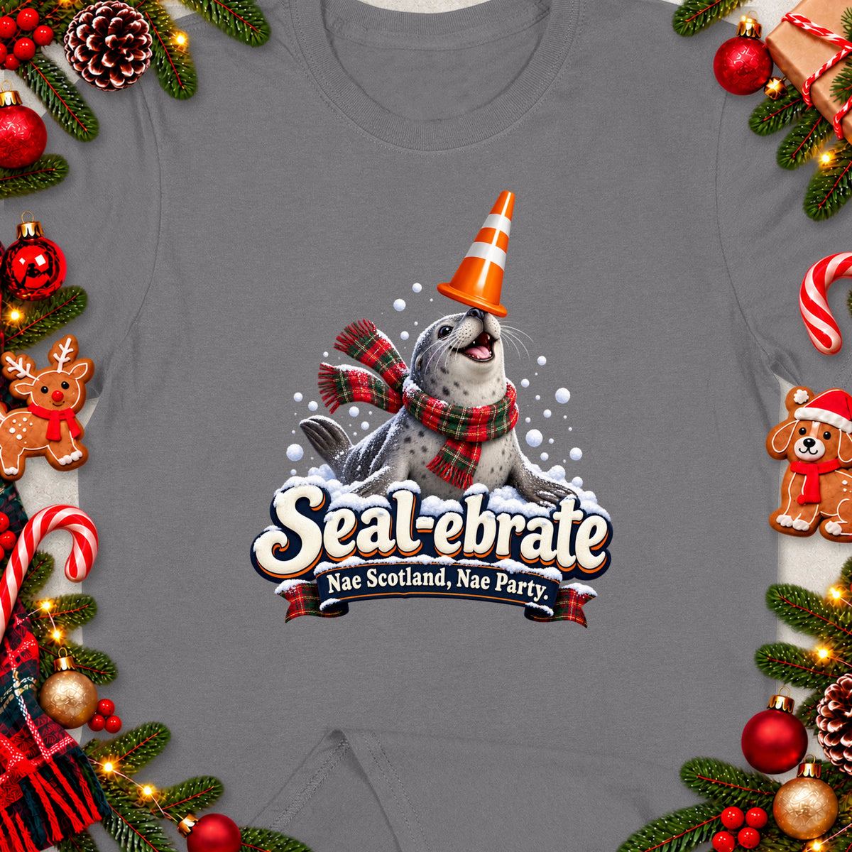 Seal wearing a cone hat and scarf with "Seal-ebrate" text.