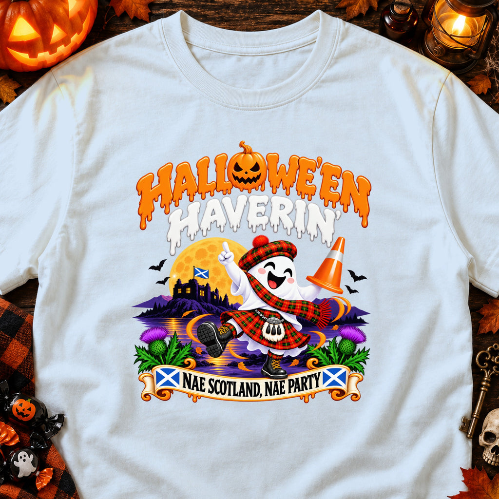 Ghost in kilt and tartan scarf holds traffic cone, "Nae Scotland, Nae Party".