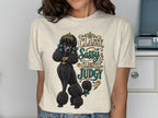 Black poodle wearing crown and jewelry with text "Classy, Sassy & Slightly Judgy."