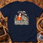 Dark blue t-shirt displaying a humorous Boston Tea Party graphic with a traffic cone and Scottish text.