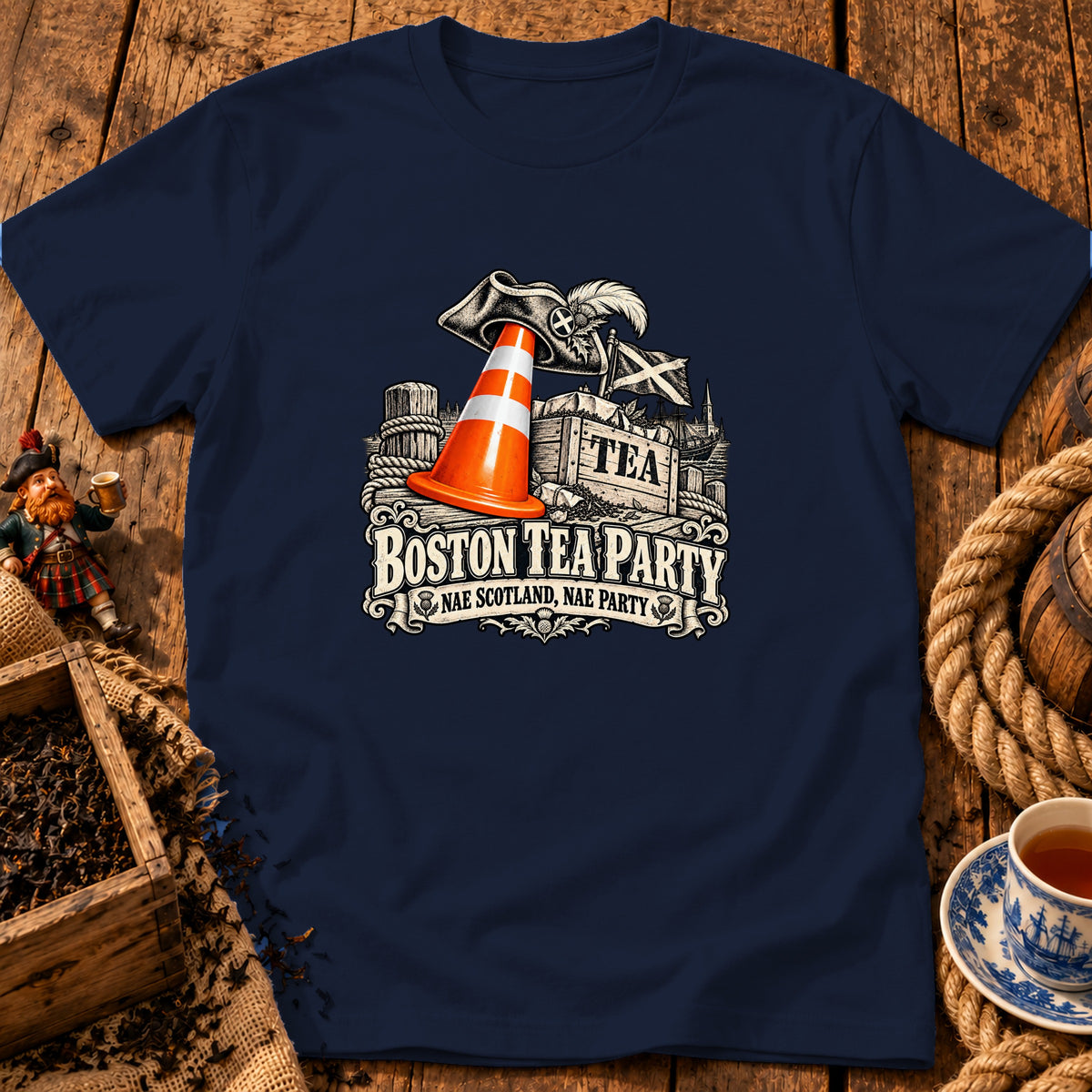 Dark blue t-shirt displaying a humorous Boston Tea Party graphic with a traffic cone and Scottish text.