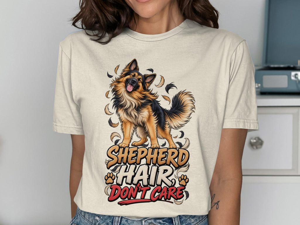 German Shepherd graphic with text "Shepherd Hair Don't Care" and paw prints.
