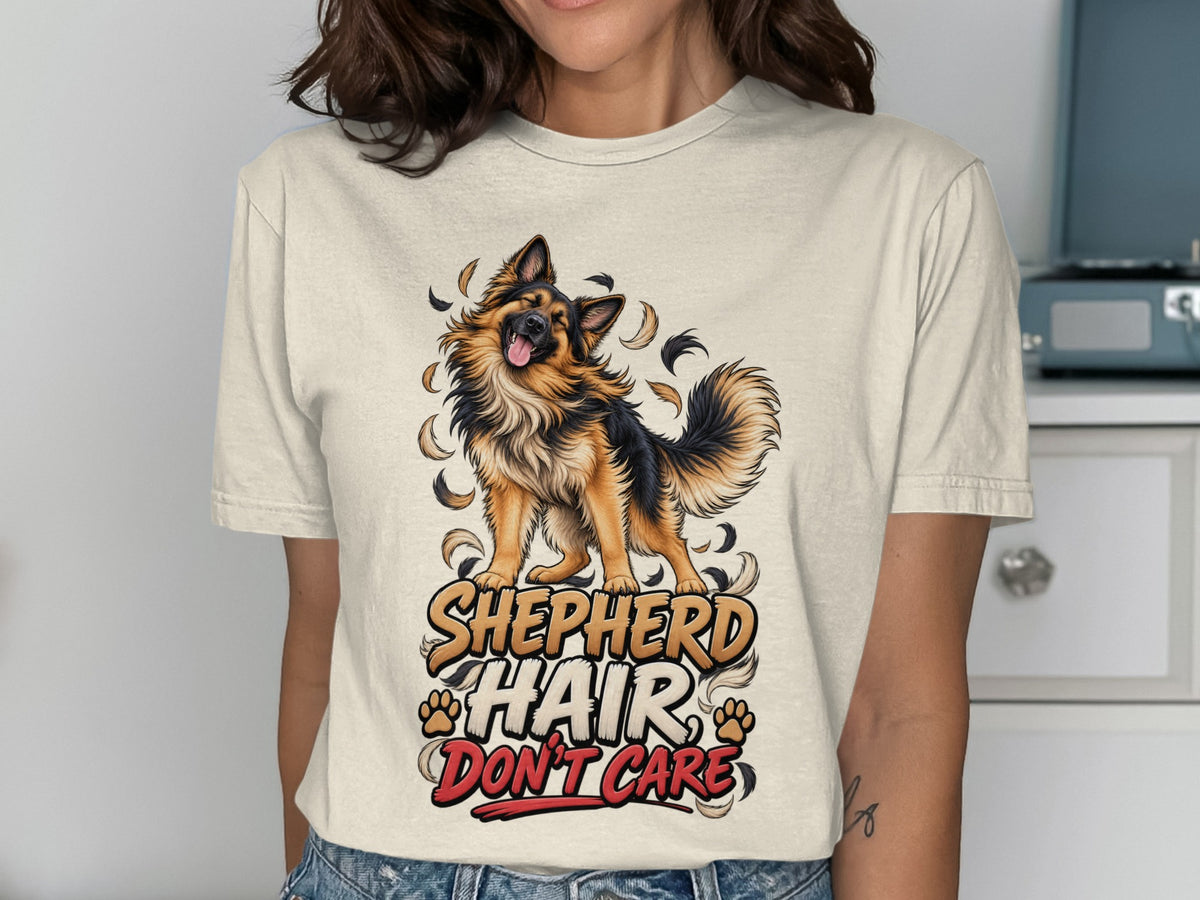 German Shepherd graphic with text "Shepherd Hair Don't Care" and paw prints.