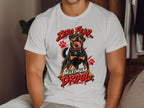 White t-shirt with a Rottweiler graphic and text "ZERO FEAR MAXIMUM DROOL".