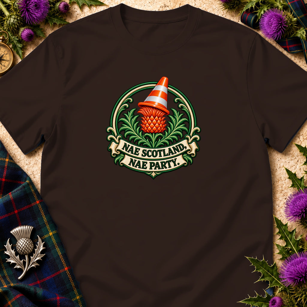 A dark brown t-shirt featuring a thistle wearing a traffic cone with the text "Nae Scotland, Nae Party."
