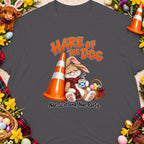 Cartoon bunny leans on traffic cone, holding Scottish flag mug. Text: "Hare of the Dog. Nae Scotland, Nae Party."