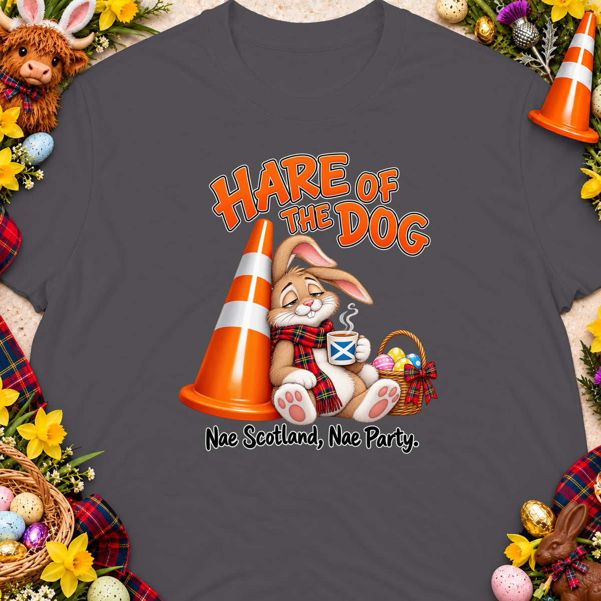 Cartoon bunny leans on traffic cone, holding Scottish flag mug. Text: "Hare of the Dog. Nae Scotland, Nae Party."