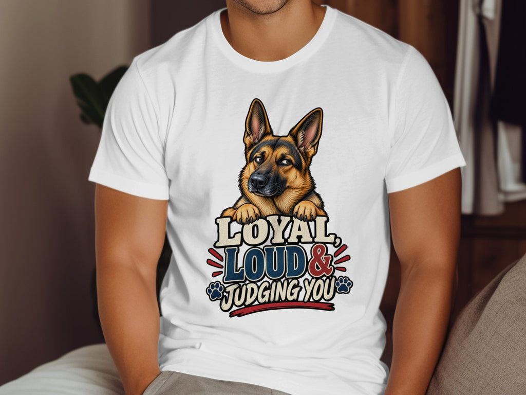 German Shepherd with text "Loyal Loud & Judging You" on white t-shirt.